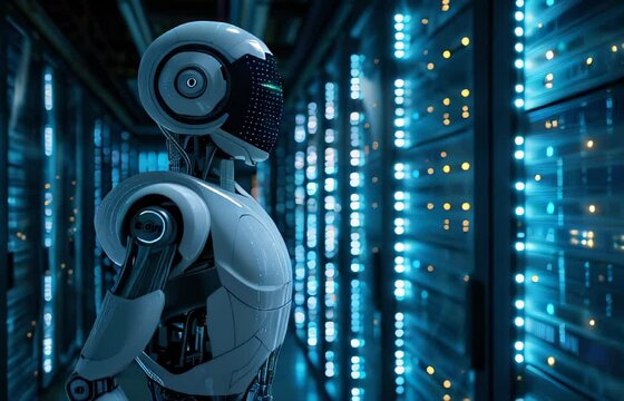 Close-up of a robot managing data in data center, showcasing sophisticated technology and artificial intelligence