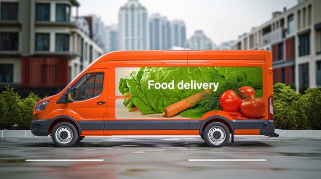 Food delivery van on road in the urban city. transportation and distribution.