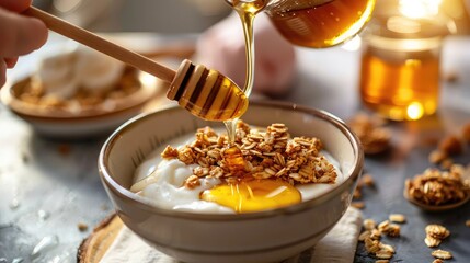 Fototapeta premium Hand pouring honey from a jar into a bowl of yogurt and granola, showcasing a healthy and sweet breakfast option
