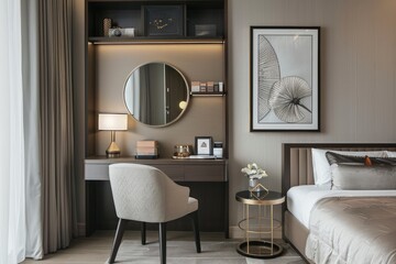 Hotel bedroom interior with beauty table and chair, shelf with art decoration