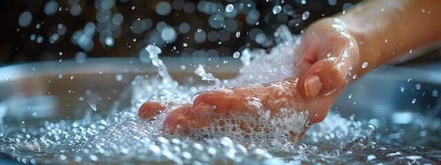 Hand Washing with Running Water Splashing into the Sink