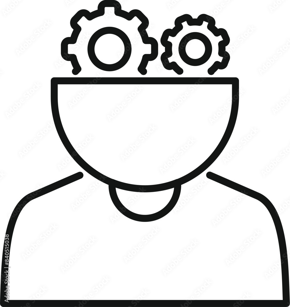 Poster line art icon representing a person with gears in place of the brain, symbolizing thinking or mechan