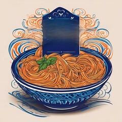 Illustration of Asian food, noodles in a bowl, with a sign for writing the name