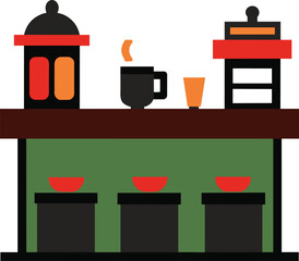 Empty cafe interior. Coffee shop with white bar counter, table and chairs. Flat design vector illustration, Coffee shop interior seller bakery taste sweets flat design vector illustration