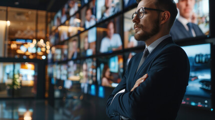 Portrait businessman standing in front television, entrepreneur and manager, ceo leadership in modern office, young adult joy success, mid male in shirt and jacket, business and occupation.