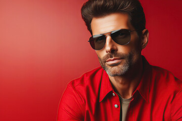 Obraz premium Mature men beauty, eyewear concept. Portrait of an active 40-year-old man posing on red background. Fashion style. Copy-space. Studio shot