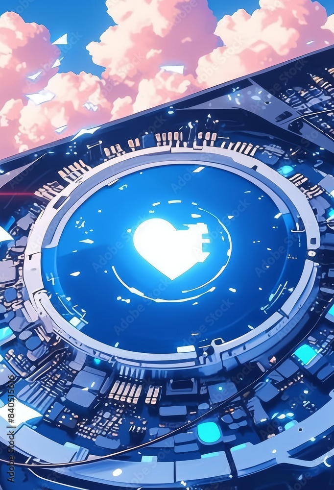 Poster futuristic circuit board with glowing heart symbol, surrounded by technological elements, against a 
