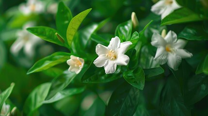 Obraz premium Jasmine flowers blooming against a backdrop of lush green foliage, creating a tranquil and inviting scene