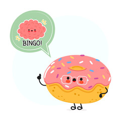 Doughnut with speech bubble and brain character. Vector hand drawn cartoon kawaii character illustration. Isolated white background. Doughnut poster and brain