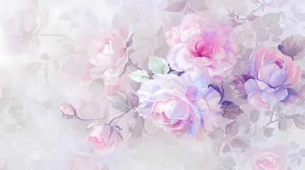 Fototapeta premium Soft rococo watercolor rose flowers texture pattern illustration poster background