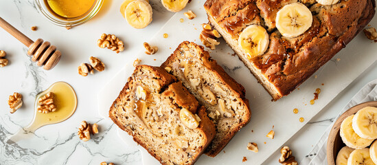 gluten banana bread with walnuts and honey sliced