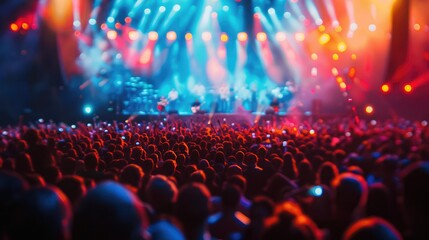 Overhead shot of a packed concert hall, with fans illuminated by blurred stage lights in various...