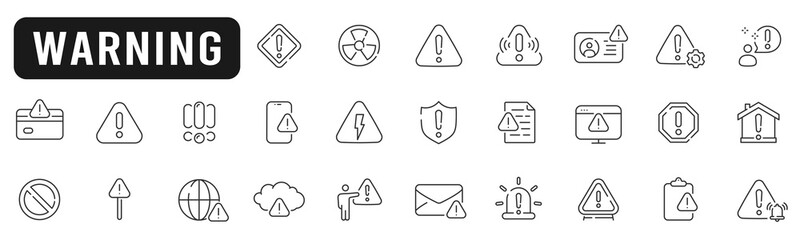 Set of warning related line icons. Alert, caution, danger, error, shield etc. Editable stroke