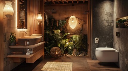 Elegant boho bathroom design with wood elements, modern lighting, textured walls, and an earthy color palette, small toilet