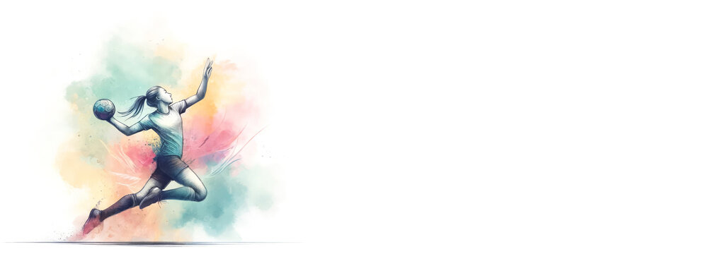 Illustration of a handball player in action on a colorful watercolor background. Sports concept, competition, healthy lifestyle. Suitable for sports events, handball brands, and Olympic promotions