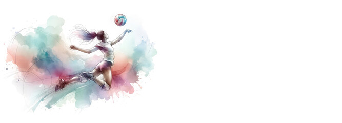 Fototapeta premium Illustration of a volleyball player in action on a colorful watercolor background. Sports concept, competition, healthy lifestyle. Suitable for sports events, volleyball brands, and Olympic promotions
