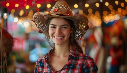 Portrait  smiling Brazilian young woman in a plaid shirt and straw hat on the background of a festive celebration party Festa Junina. Summer, night, street city,  Garland. Traditional holiday concept. - Powered by Adobe