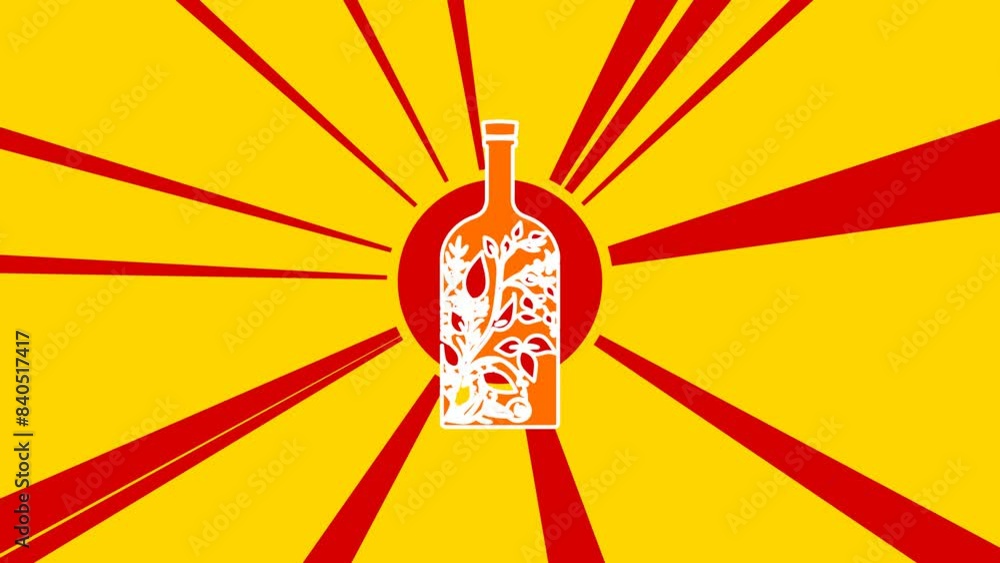 Poster a branch in a bottle symbol on the background of animation from moving rays of the sun. large orange