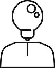 Black and white line drawing of a person with a light bulb for a head, symbolizing ideas