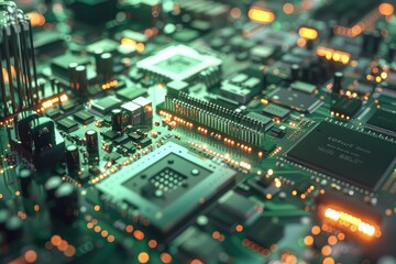 Obraz premium Top view of micro chips on a production line, computer engineering