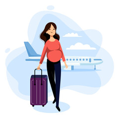 Pregnant woman walking with luggage in airport terminal. Vector flat cartoon illustration. Travel by airplane during pregnancy