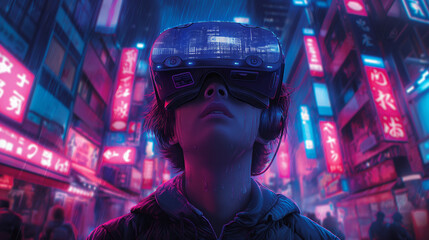 Naklejka premium A man wearing a virtual reality headset is standing in front of a neon cityscape