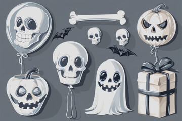 Halloween set of decorative elements for design. Realistic objects in cartoon style.