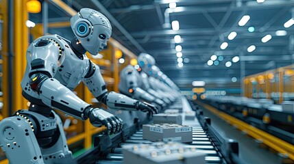 Fototapeta premium Control Unit Robotics A control unit directs robotic arms in a logistics setting, orchestrating product placement on conveyor belts, showcasing the efficiency of automation in modern industry