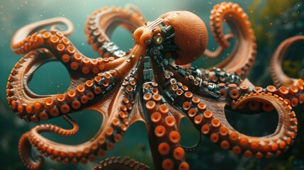 Obraz premium Cyborg Octopus Warrior A captivating 3D visualization of a cyborg octopus warrior, blending aquatic grace and advanced technology in a mesmerizing underwater realm, showcasing the power and beauty of