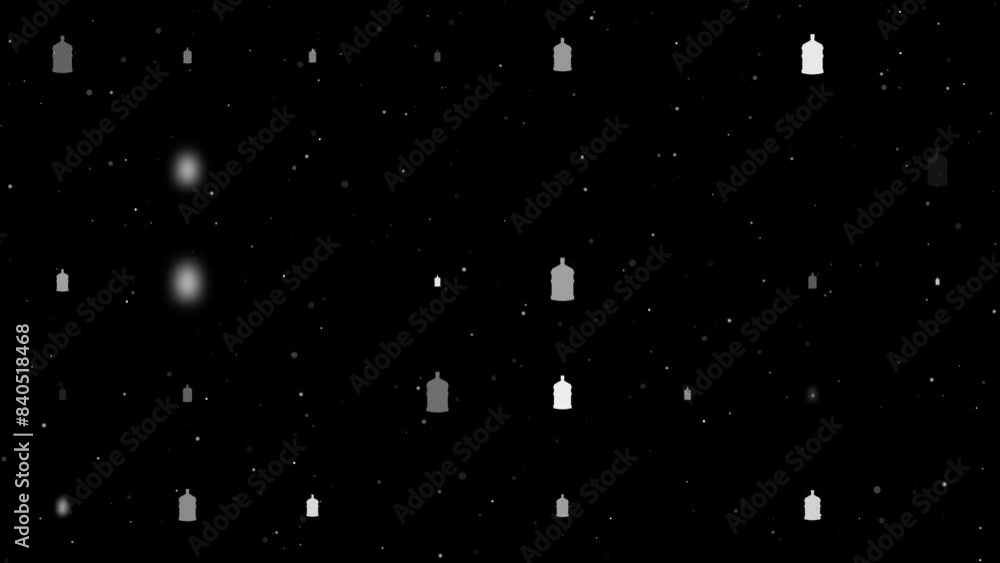 Poster template animation of evenly spaced a large bottle of water symbols of different sizes and opacity. 