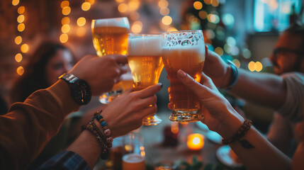 Friends Toasting with Beer Glasses in Festive Pub Setting