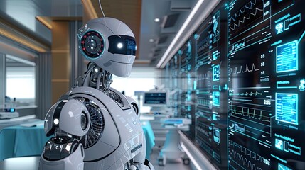 Fototapeta premium Futuristic Healthcare AI-driven robotic surgeons operate alongside digital medical records in a modern healthcare facility, showcasing the advancements of innovative healthcare technology