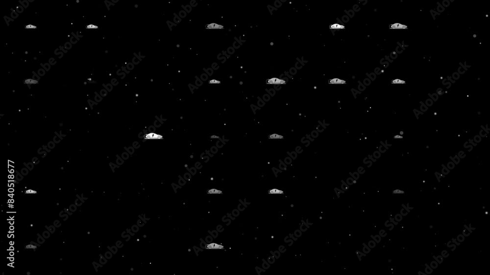 Poster template animation of evenly spaced electric car symbols of different sizes and opacity. animation o