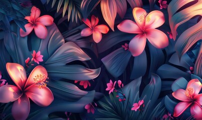 Illustration of tropical wallpaper tropical flowers, palm leaves