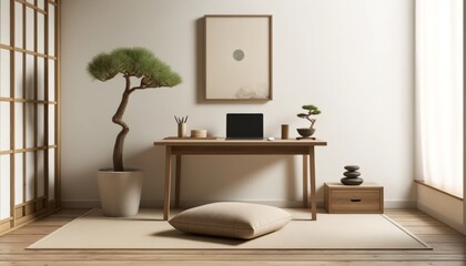 A tranquil minimalist home office with a low wooden desk, a floor cushion for seating, and a few Zen-inspired decor items like a small fountain 