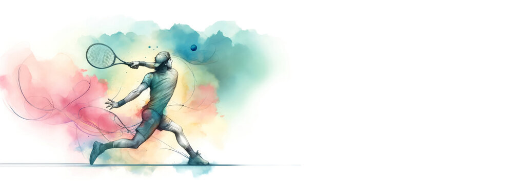 Illustration of a tennis player in action on a colorful watercolor background. Sports concept, competition, healthy lifestyle. Suitable for sports events, tennis brands, and Olympic promotions.