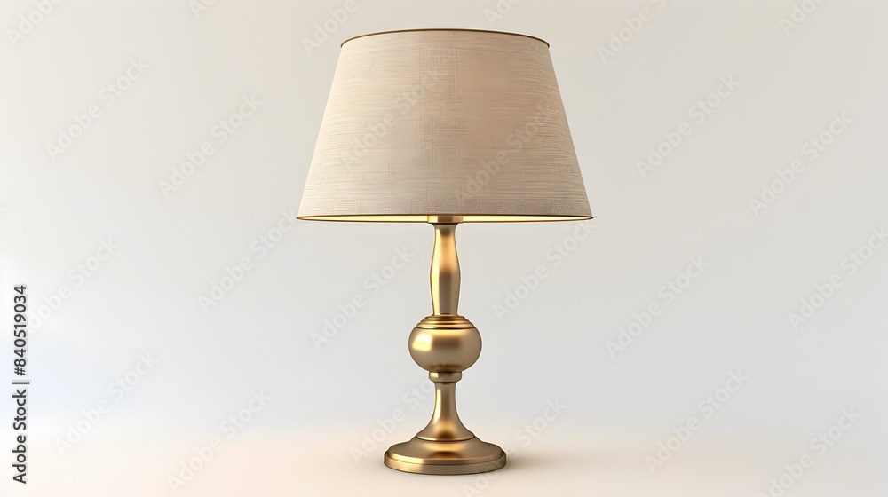 Poster Elegant Retro Table Lamp with Brass Base and Fabric Shade on White Background