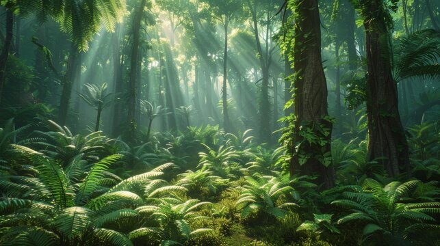 Prehistoric Forest with Dinosaurs Roaming Among Ancient Ferns and Conifers