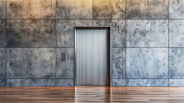 walls and a wooden floor, an open modern stainless steel elevator door stands as a focal point on a blank wall, inviting viewers into a sleek and contemporary architectural space.