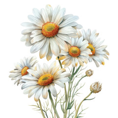 Fototapeta premium White daisies with yellow centers are in full bloom. The petals are delicate and the leaves are a deep green. The flowers are arranged in a bouquet.