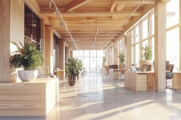 Spacious office interior with modern design, wooden elements, and large windows, bright daylight, concept of architecture