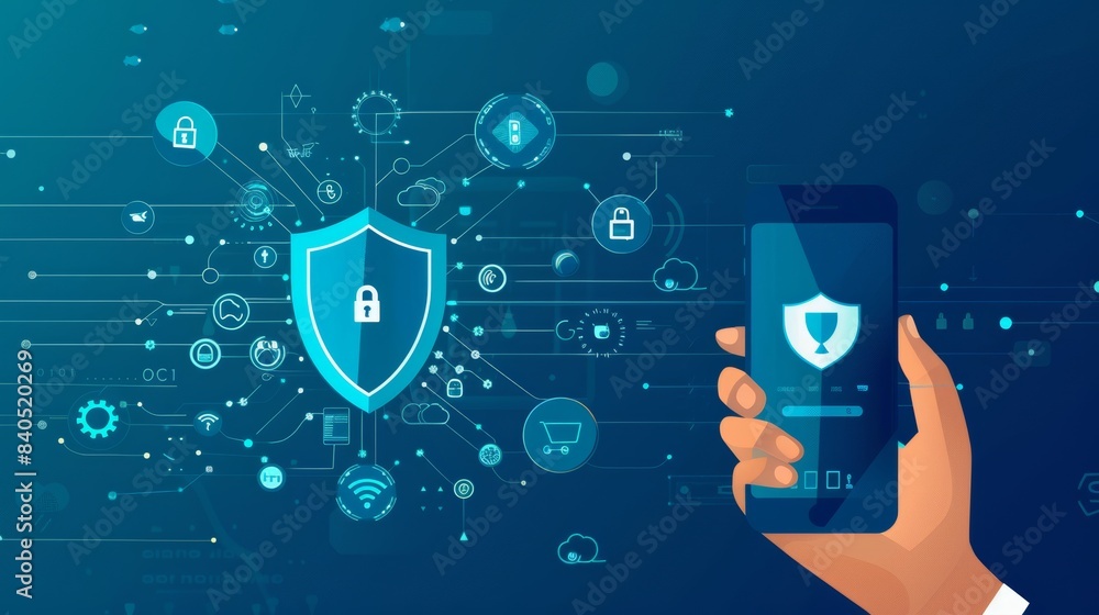 Poster a shield icon appears on the screen of the smartphone to protect it from hacker attacks, viruses and