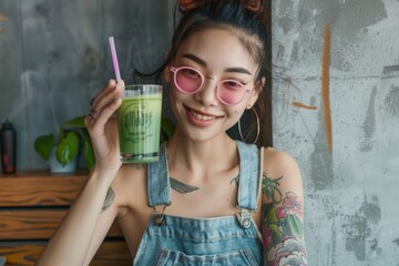 An illustration of a woman wearing pink glasses and a cool costume is grabbing a glass of green tea smoothie and drinking it with an attractive and charming smile.
