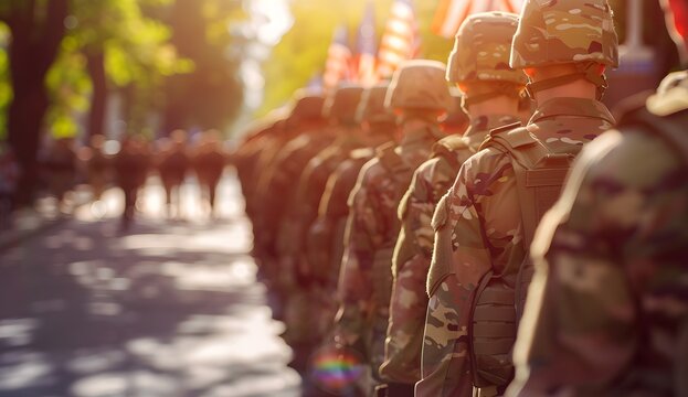 Background of military parade with American flags blurred background, copy spase