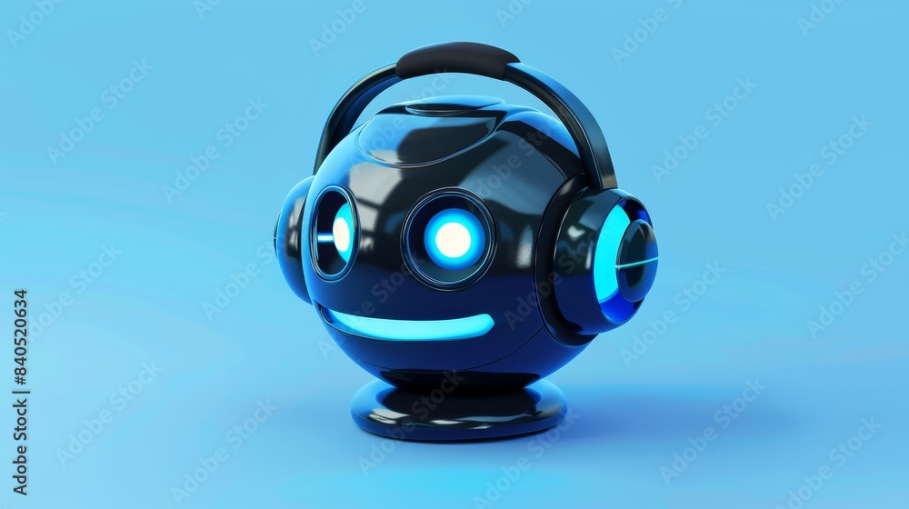 Poster symbol of technical support. web bot. robot with headphones. front view.