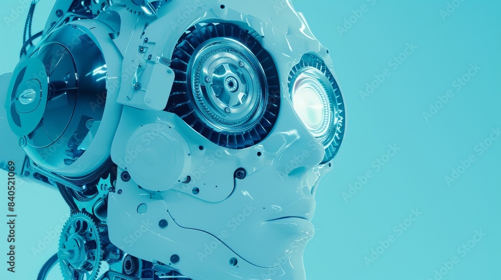 Poster the robot head has a connection to a super brain. a huge artificial brain handles data and business 