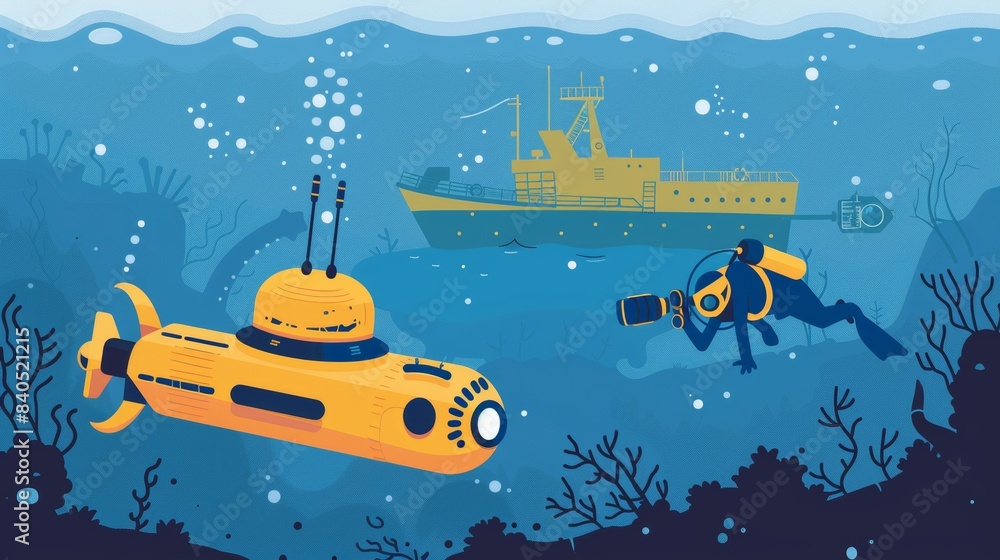Poster exploration of seafloor with underwater autonomous robot. underwater drone with diver exploring ship