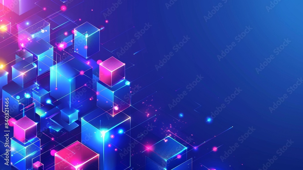 Poster isometric digital blocks connect each other and form crypto chains. blocks or cubes are connected wi