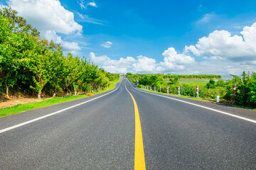 Country road and green forest with sky clouds nature landscape in summer