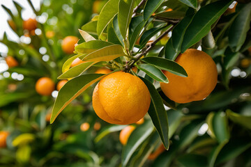 Orange trees with ripe fruits and orange garden views. Ai generative